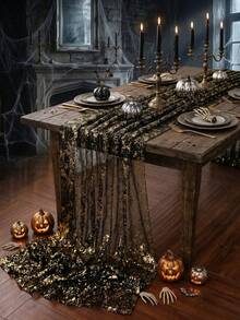1pc Black Gold Sequin Table Runner,Broken Gold Gauze,Polyester Rectangular Sparkling Tablecloth,Wedding Table Runner,Birthday Babyshower Wedding Party Decoration,Halloween Party Decor,Happy Halloween Decorations For Home,Trick Or Treat Decor - Black Gold - View 9