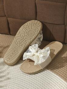 Sandal Linen Musim Semi/Panas untuk Wanita, Gaya Feminin Segar dengan Pita Renda, Menyerap Keringat, Bernapas, Ringan, Sandal Selop untuk Dipakai di Dalam/Luar Rumah - putih murni - View 5