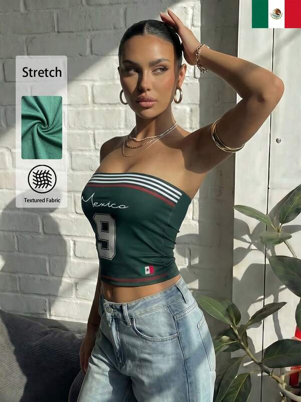 Women's Casual Mexico Mesh Jersey Strapless Allover Print Flag Backless Slim Fit Cropped Tank Top For Summer Clothes Tops,Vacation Outfits Women