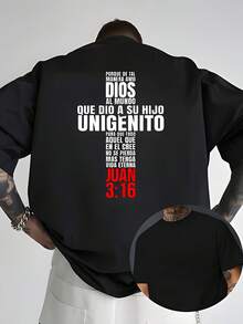 Men's Short-Sleeved T-Shirt, One Size Fits Most, With Bible Verse, John 3:16, Double-Sided Print, New Men's Crew Neck T-Shirt, Casual, Sporty, Modern Style - 黑色 - 查看 1