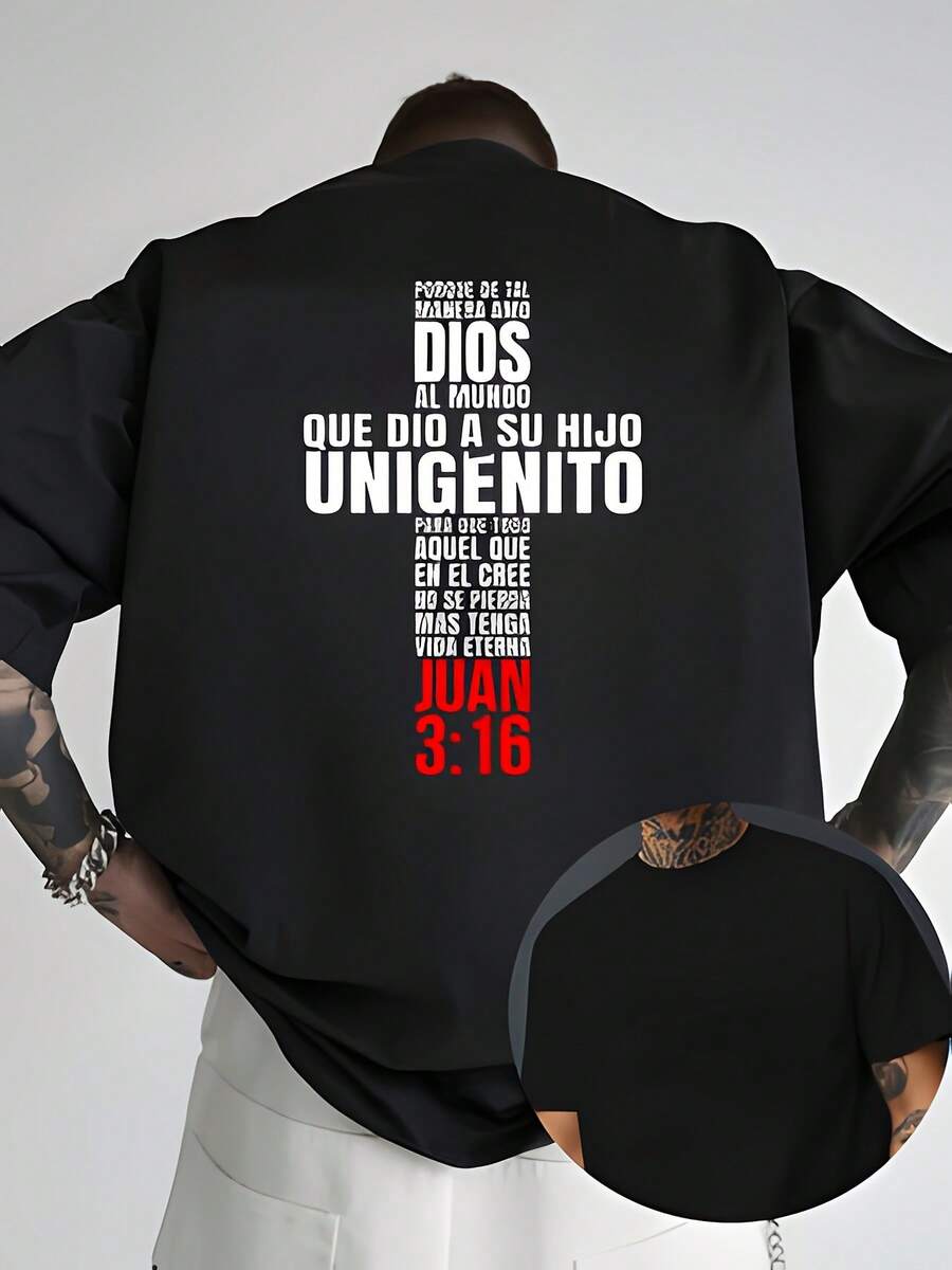 Men's Short-Sleeved T-Shirt, One Size Fits Most, With Bible Verse, John 3:16, Double-Sided Print, New Men's Crew Neck T-Shirt, Casual, Sporty, Modern Style - 黑色 - 查看 1