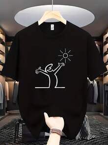 Camiseta para hombre con estampado de personaje divertido de estilo minimalista, negra, corte holgado, cuello redondo, manga corta, transpirable, ropa casual de calle, ropa masculina a la mo - Blanco - Ver 6
