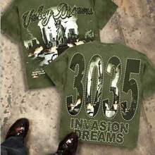 Stylish Valley Dreams Invasion New York Graphic Tee For Women, Cotton Short Sleeve Round Neck T-Shirt With Contrast Sequin Details - 綠色 - 查看 15