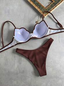 Bikinx Women's Solid Color Shell-Shaped Cup Bikini Set Spaghetti Strap Tie-Back Swimsuit Vacation - Coffee Brown - View 5