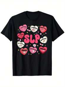 Camiseta SLP con diseño de corazones y caramelos para el Día de San Valentín –% algodón, camiseta casual unisex, tallas S-, diseños de corazones en negro, rosa y rojo, diseñpor - Negro - Ver 1