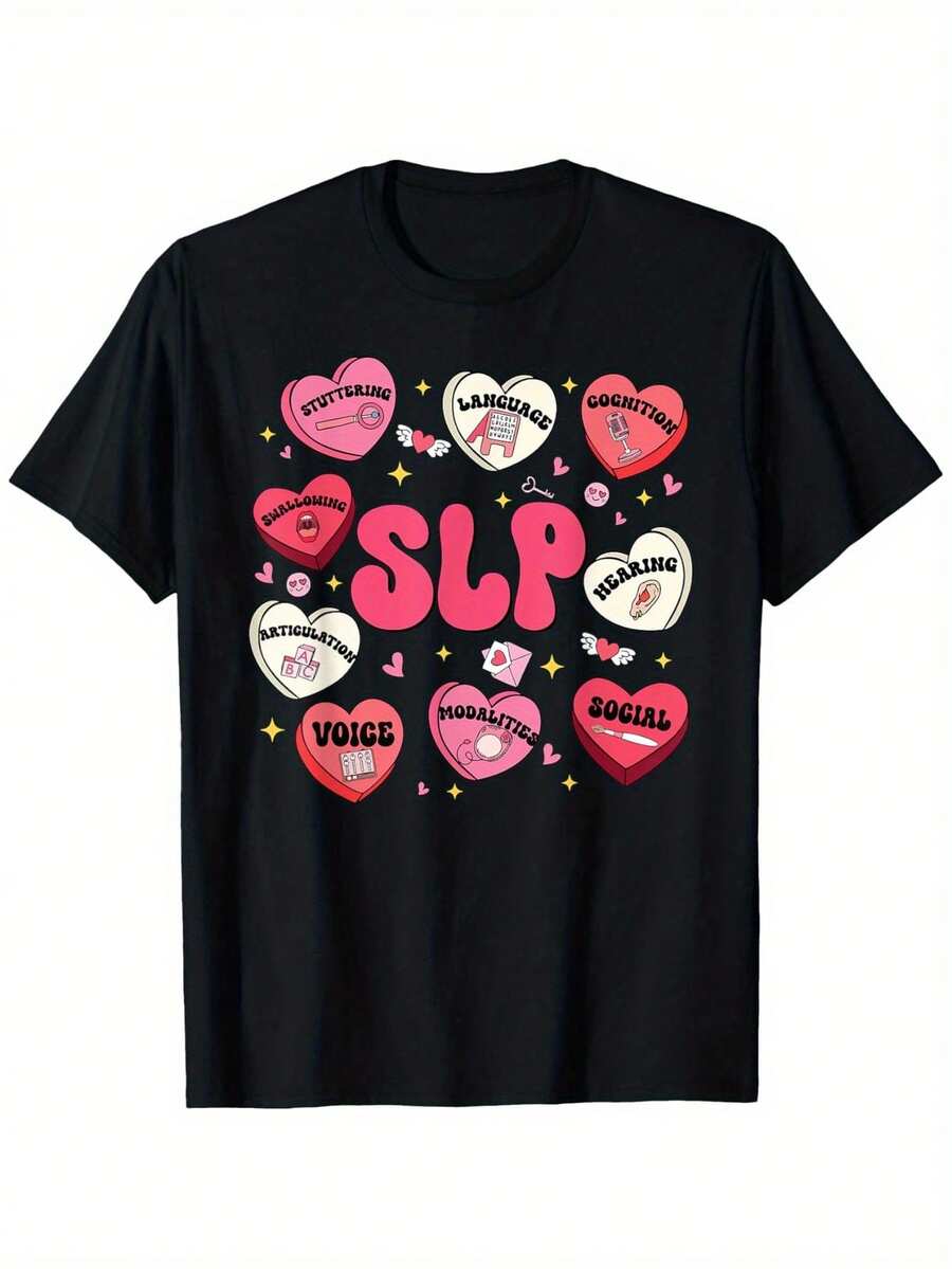 Camiseta SLP con diseño de corazones y caramelos para el Día de San Valentín –% algodón, camiseta casual unisex, tallas S-, diseños de corazones en negro, rosa y rojo, diseñpor - Negro - Ver 1