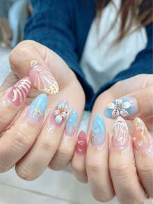 10片中號杏仁形3D凝膠美甲貼片，海灘風藍粉漸層貝殼花朵穿戴式假指甲，珍珠與金箔裝飾，甜美夏日度假風，可重複使用，適合約會、日常、派對與旅行，女性配件 - 彩色 - 查看 2