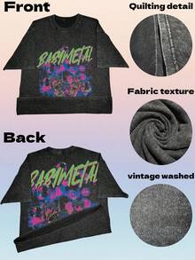 Unisex Vintage Black Distressed Short-Sleeved T-Shirt With Graphic Designs For Men And Women, Inspired By The Band Babymetal. This Washed T-Shirt Features Babymetal From Japan. PDXQ - 黑色 - 查看 5