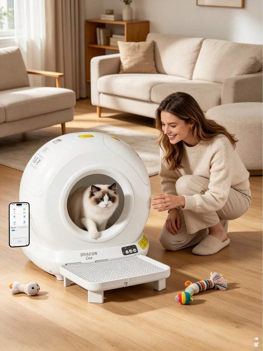 Open-Top Automatic Cat Litter Box, Self Cleaning Litter Box For Multi-Cat Families, APP Control, Safety Protection, 10.5L Large Waste Bin, White, 1 Roll Waste Bag - 美規B型插(110-127V) - 查看 1