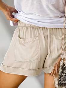Women's Casual Shorts With Adjustable Drawstring, Elastic Waistband, Solid Color, Lightweight, For Summer Beach, With Pockets - 乳白色 - 查看 5