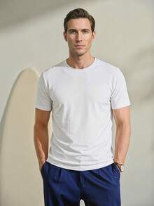 VeloEdit Men's Solid Color Round Neck Short Sleeve T-Shirt Fall Winter - White - View 1