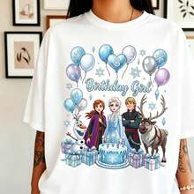 Disney Women's Oversized T-Shirt, Frozen Birthday Girl Characters Retro Print, 100% Cotton Short Sleeve, Frozen Birthday Party Casual Tee - 白色 - 查看 1