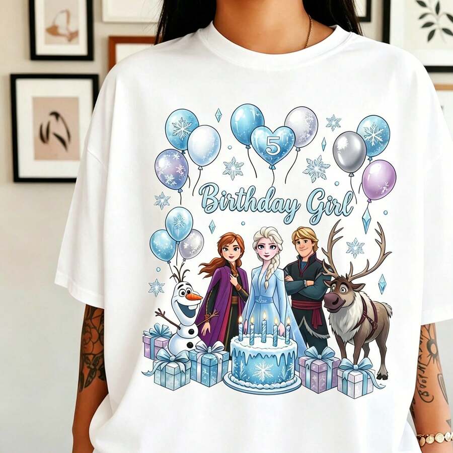 Disney Women's Oversized T-Shirt, Frozen Birthday Girl Characters Retro Print, 100% Cotton Short Sleeve, Frozen Birthday Party Casual Tee - 白色 - 查看 1