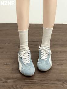 NZNF Giày thể thao đế bằng kiểu Đức cao cấp cho nữ, giày sneaker đa năng mới cho mùa thu phối hợp với váy - Màu xanh nhạt - Xem 4
