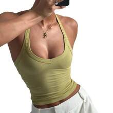 Camisola de Verano con Cuello Halter para Mujer, Sin Mangas, Espalda Descubierta, Corte Ajustado, Favorecedora, Ideal para Usar como Prenda Exterior o en Capas - Marrón - Ver 10
