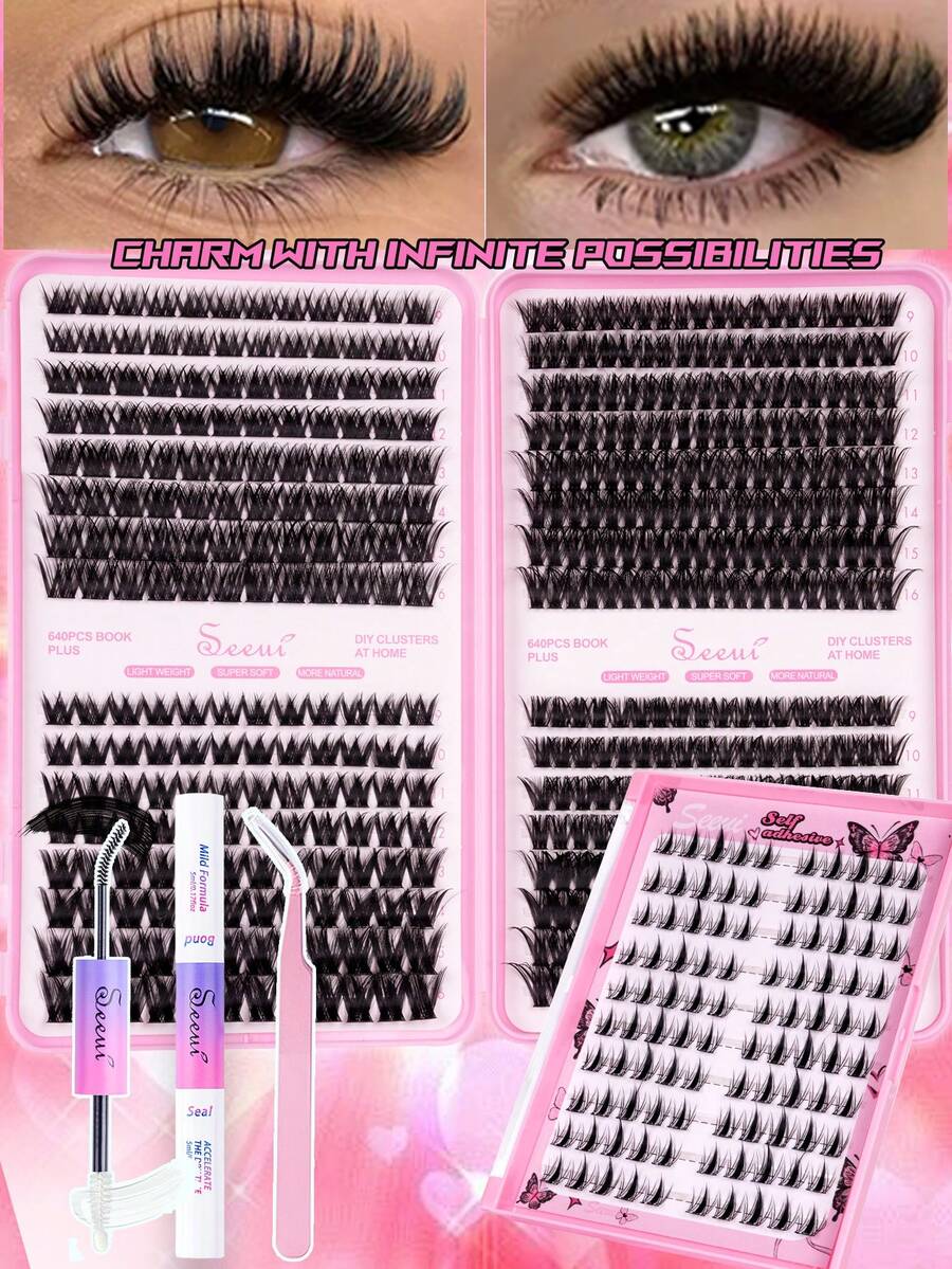 596/496/100片混裝睫毛接睫毛套組,DIY睫毛組,單根睫毛簇,包含睫毛、黏合劑與密封劑、鑷子,DIY睫毛接睫毛套組,輕盈自然捲翹睫毛,適用於睫毛彩妝,睫毛簇,睫毛 - 黑色 - 查看 1