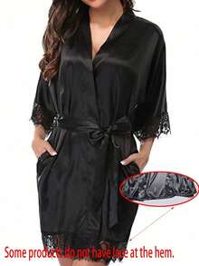 Bata de baño de manga corta de unicolor para mujer, adecuada para primavera y verano, hogar, hotel, fiesta, traje de baño, vestido corto/camisón de temporada de bodas, se puede usar como bata de mañana, camisón, atuendo de preparación para la fiesta de novia, accesorio para la ceremonia de boda y el banquete, suministros para fiestas de vacaciones - Negro - Ver 14