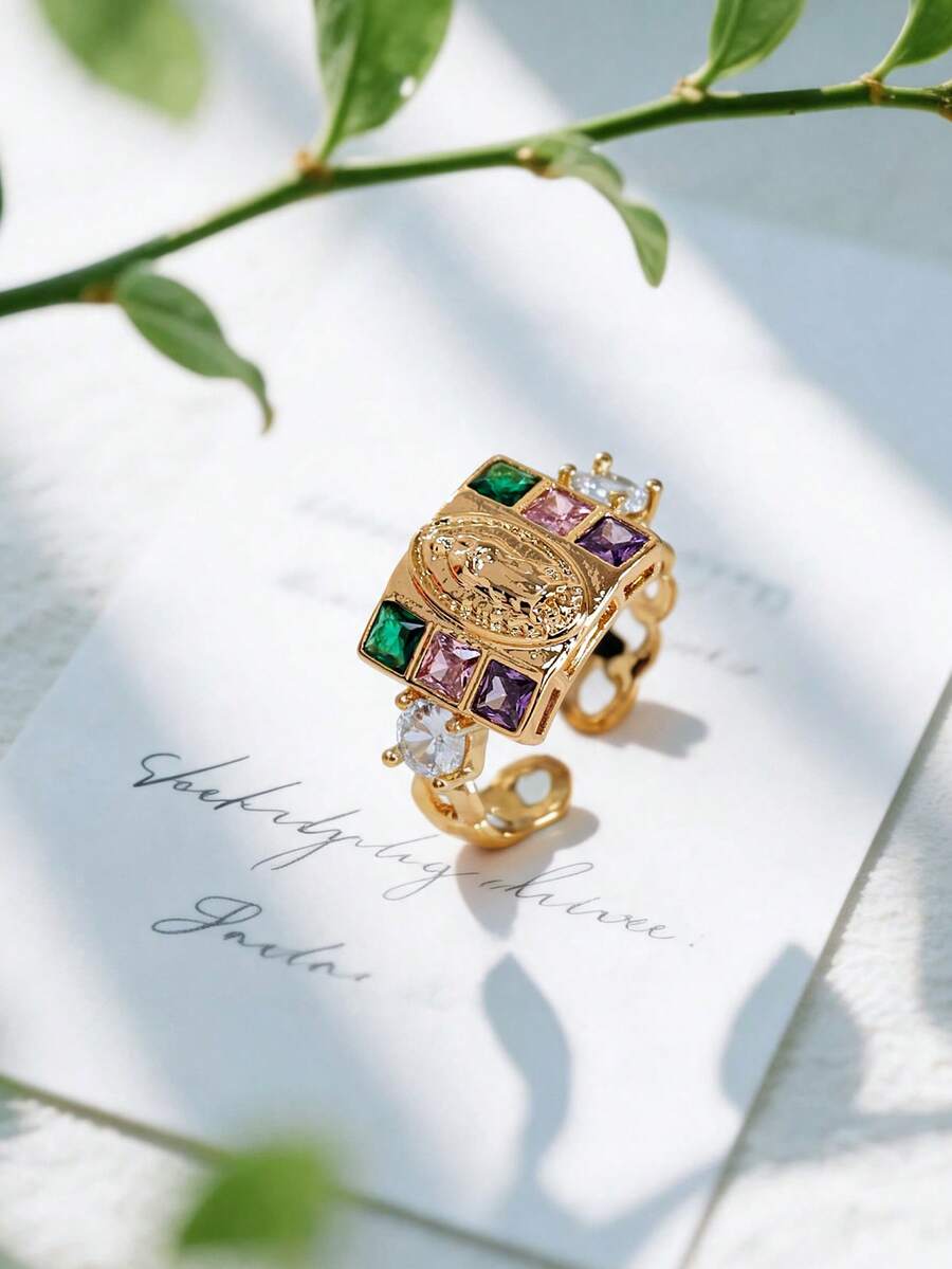 Anillo abierto de estilo mexicano con Virgen María de circonita multicolor - anillo - Ver 1