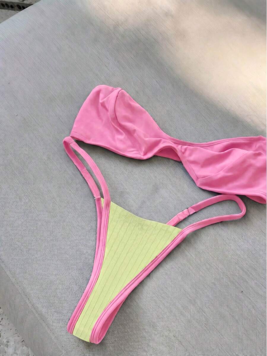 Polovedo 官方 2026 女款夏季新款 粉色與黃色撞色 可拆卸細肩帶 性感比基尼套裝 海灘度假約會派對穿搭 - 彩色 - 查看 1