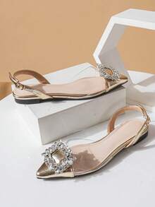 Sexy Pointed Toe Single Strap Gold Sandals Women Spring 2026 New French Low Vamp Rhinestone Flat Shoes - Gold - View 5