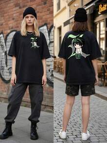 Unisex Washed Black Short Sleeve T-Shirt For Men And Women, With Japanese Anime Character Illustration Lawliet Chibi, Gothic Letter L, Retro Harajuku Streetwear Style, Hip Hop, Casual - 黑色 - 查看 3