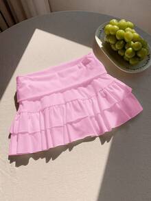 Pantalones cortos de falda con cintura baja y dobladillo con volantes, de color liso - Rosa - View 1