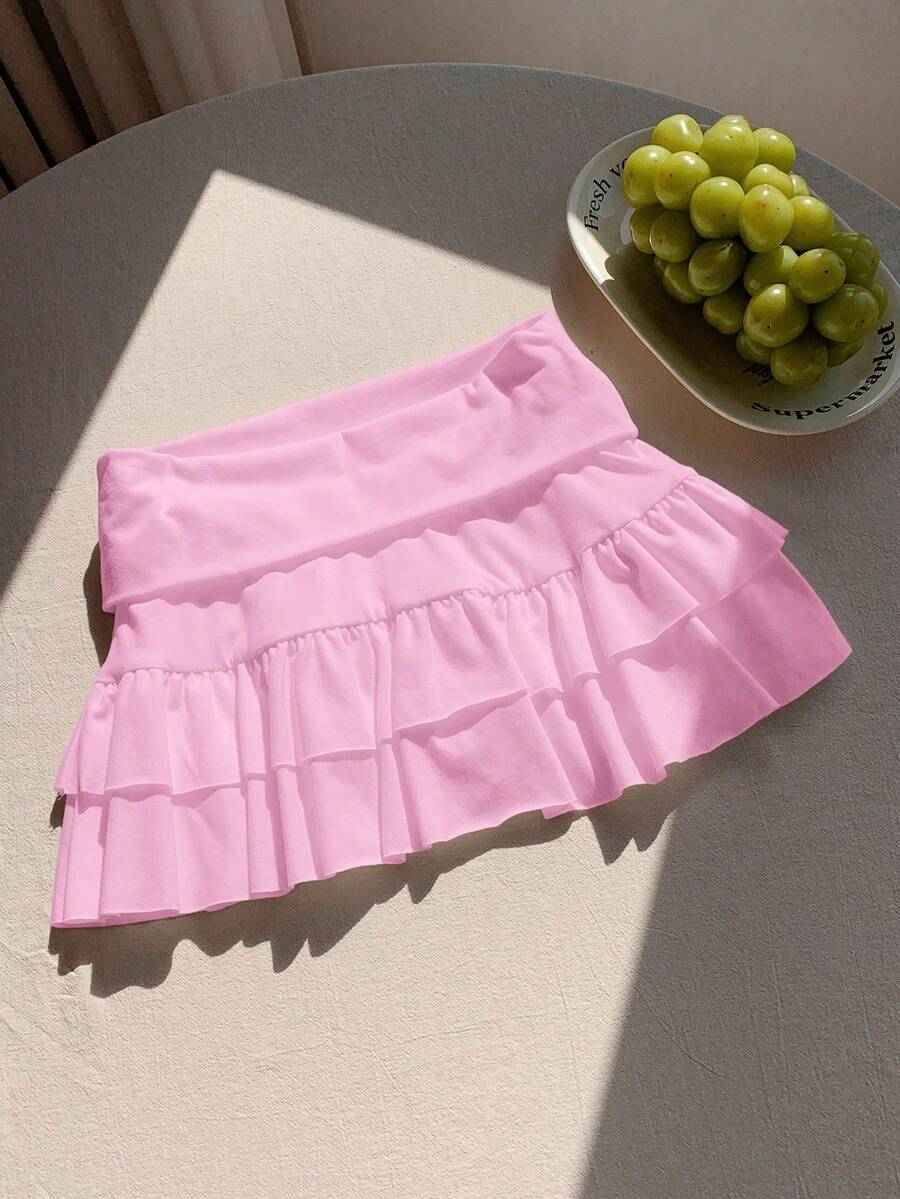 Pantalones cortos de falda con cintura baja y dobladillo con volantes, de color liso - Rosa - View 1