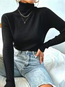 Women's Knitted Blouse High Neck Cacharrel Basic Wool Sweat Fashion Shipping!!! - 黑色 - 查看 2