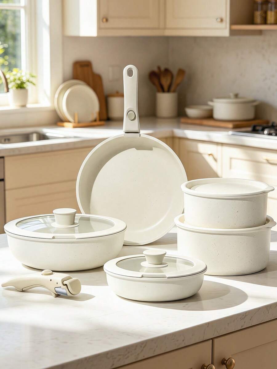 16-piece non-stick ceramic cooking set with detachable handles, integrated design suitable for frying, stir-frying, stewing and slow-cooking, with a maximum temperature of 480°F, compatible with induction cooktops, ready to use immediately, stackable cookware and plates can save space, and equipped with utensils, easy to clean, lids and pot pads. - Übersicht 1
