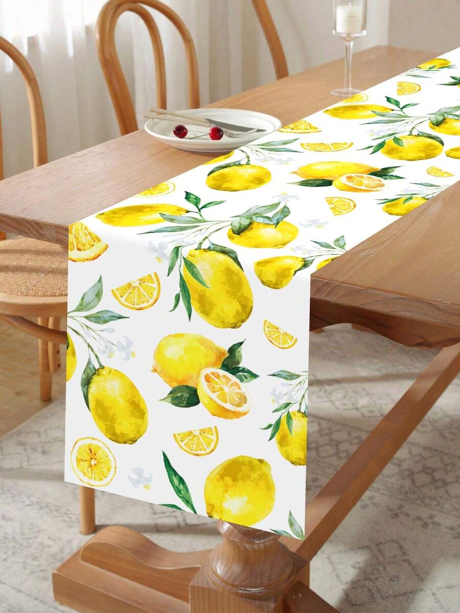 1Pc Lemon Table Runner,180*35cm Summer Lemon Print Polyester Rectangle Table Flag For Spring Wedding Holiday Birthday Home Party Table Decor
