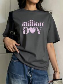 Camiseta informal de manga corta con cuello redondo y estampado para mujer, versátil para un estilo urbano diario. - Gris Oscuro - Ver 1