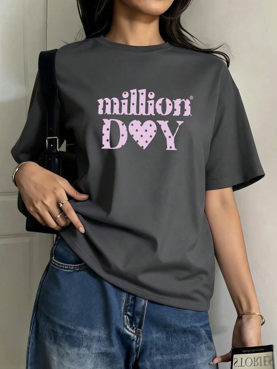 Camiseta informal de manga corta con cuello redondo y estampado para mujer, versátil para un estilo urbano diario. - Gris Oscuro - Ver 1
