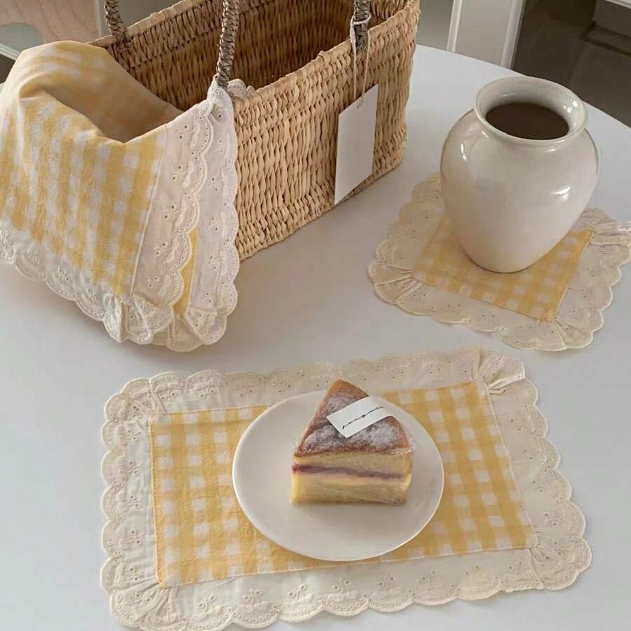 1pc/6pcs/30pcs Korean Pastoral Style Gentle Yellow Plaid Lace Edged Placemats, Multipurpose Table Decor Coasters - Multicolor - View 1