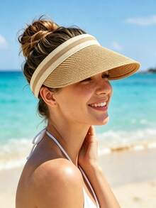 1pc Women's Straw Beach Sun Hat, Lightweight & Breathable, Suitable For Summer, Wide Brim Hat, For Beach Vacation, No Top Hat - Multicolor - View 7