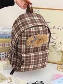 1 PC Brown Plaid Khaki Plush Travel Backpack Back To School High-End Feeling Popularized Backpack,Multifunctional And Large Capacity - Khaki - View 4