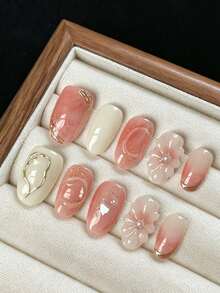 Handmade Press On Nails 10Pcs Short Oval Pink White Gradient False Nails, Elegant 3D Flower Gold Line Heart Rhinestone Cat Eye Design, Reusable Pink Nails For Fall Winter Party Daily, Pink Nail Art Set + Free Tool Kit - 粉色 - 查看 2