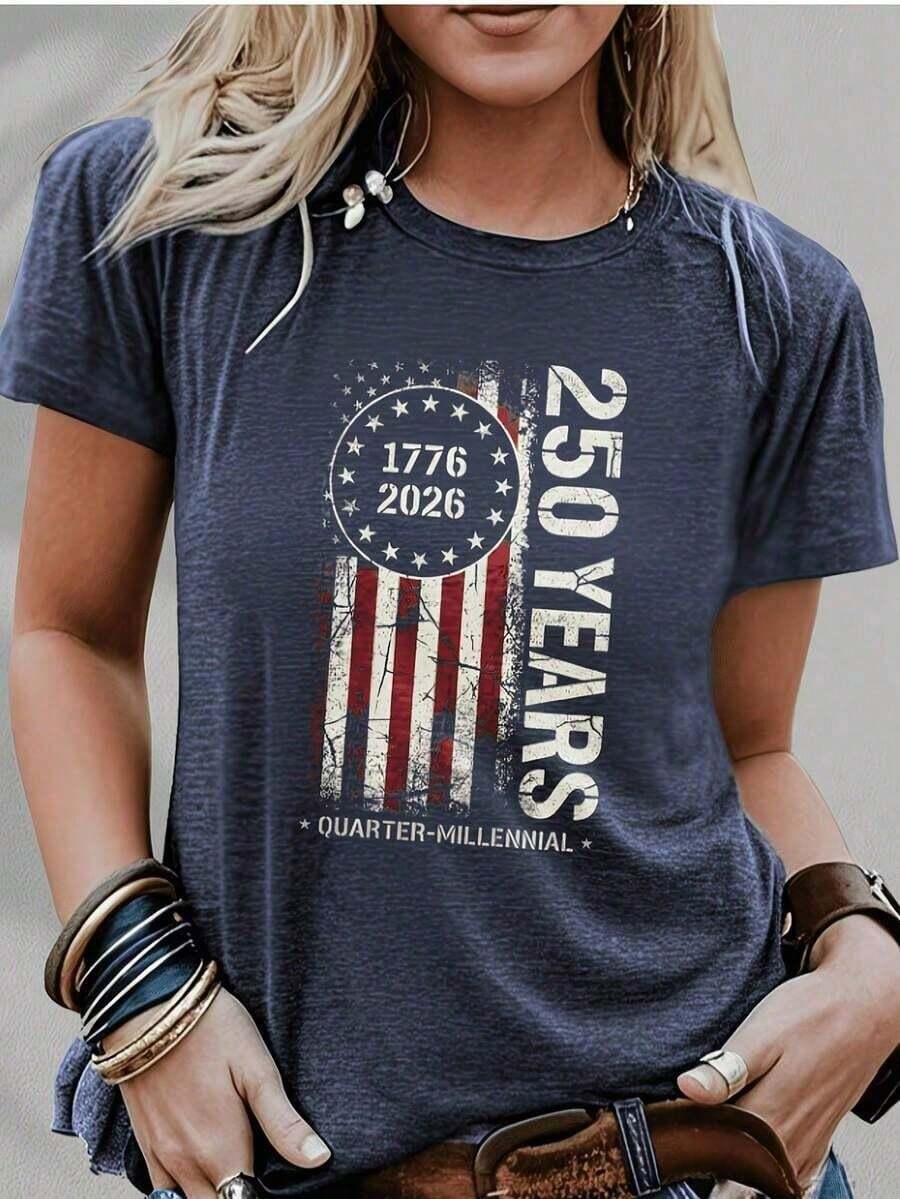 Women's Casual Cotton Short Sleeve Round Neck T-Shirt With American Flag 250 Years Vintage Print, Regular Fit Summer Top - 藏藍色1 - 查看 1