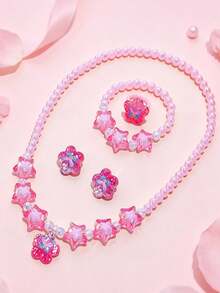 5pcs/Set Cute Flower Pendant Beaded Necklace, Bracelet, Ring And Ear Clip Jewelry Set For Kids, Suitable For Daily Wear, Holiday Party, Birthday Gift - one-size - View 4