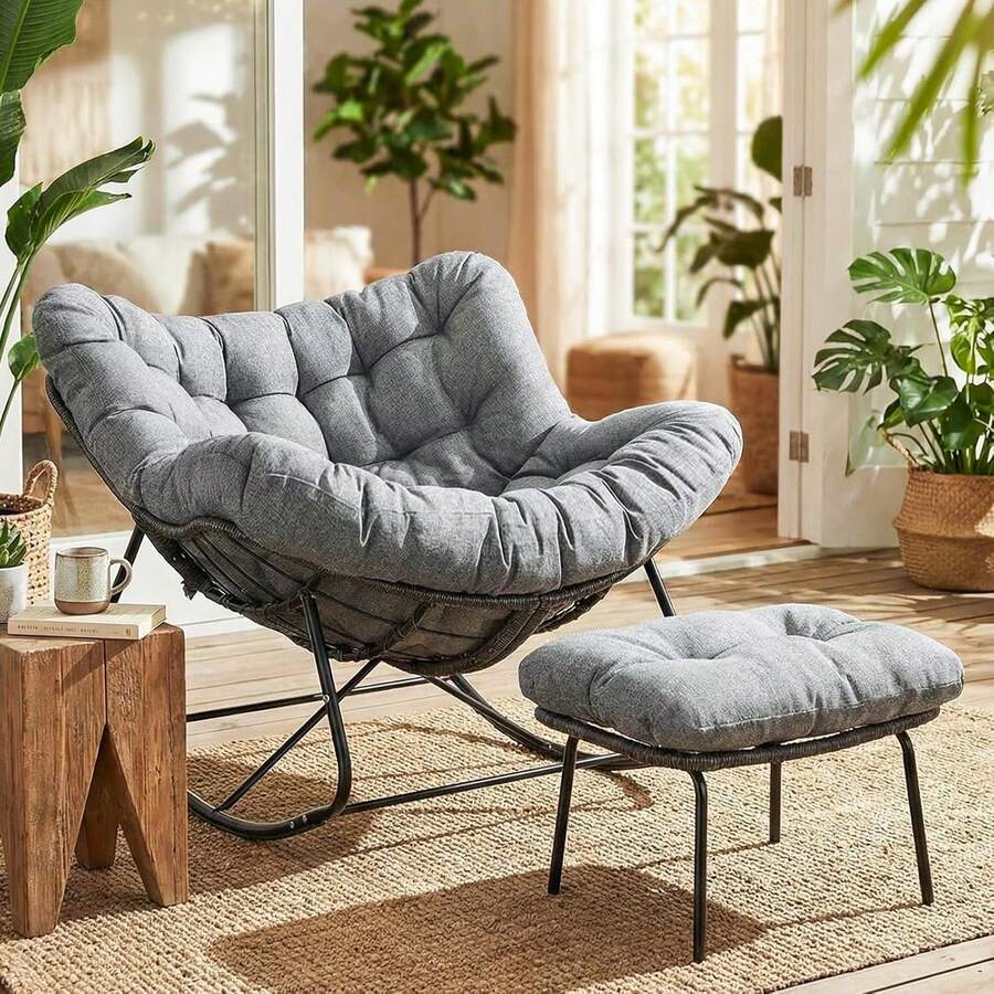 Egg-Shaped Rocking Chair With Footstool, Rattan Rocking Chair Set, Oversized Rocking Armchair, Weatherproof, With Thick Removable Cushion, Load Capacity Of 150kg, Lounge Chair For Garden, Balcony, Living Room - Black Rattan + Gray Mat - View 1