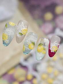 5D Fruit Lemon Embossed Nail Art Stickers, Transparent Yellow Lemon Slices With White Lace Floral & Letter Self-Adhesive Patches, Clear Matte Thin Style, Fresh Sweet Country Minimalist DIY Nail Decor, Salon Daily Wear Nail Accessories, 1 Sheet - Multicolor - View 9