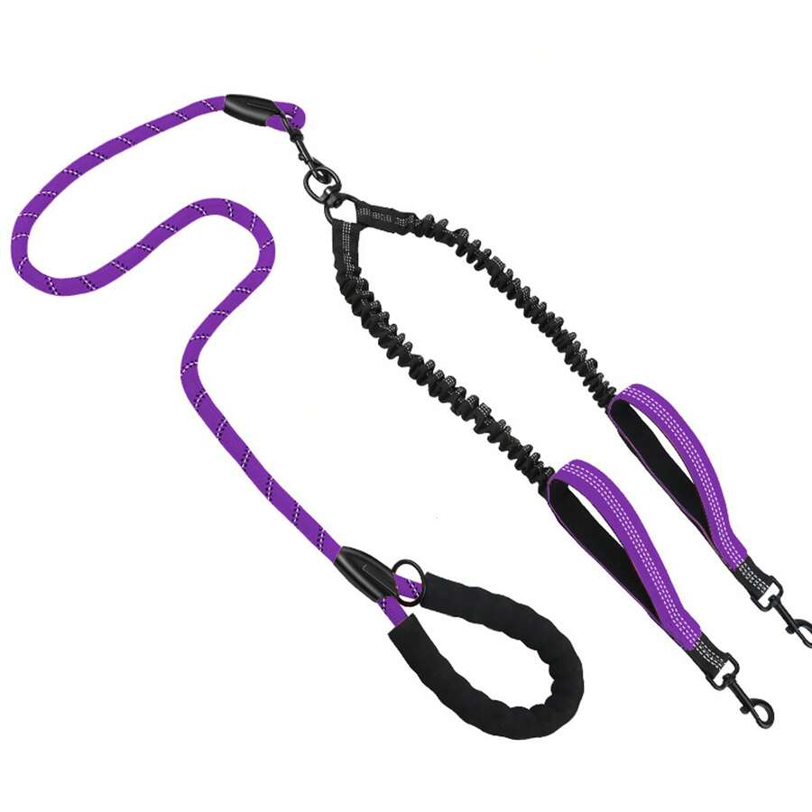 BVEOYPET 2pcs/Set Correa Doble 2-En-1 Sin Enredos Con Resorte Amortiguador De Impactos Y Mango Acolchado, Adecuada Para Caminar Y Correr Con 2 Perros - Multicolor - Ver 1