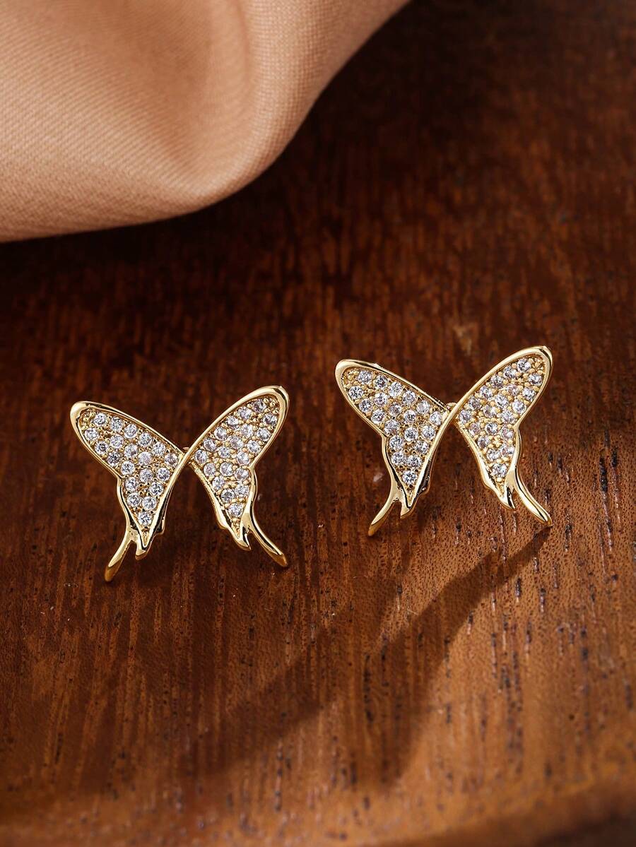 1 Pair Casual Elegant Versatile Micro-Pave Zirconia Butterfly Stud Earrings For Women, Eye-Catching Accessory For Daily Wear, Street Style And Commute - Earrings - View 1