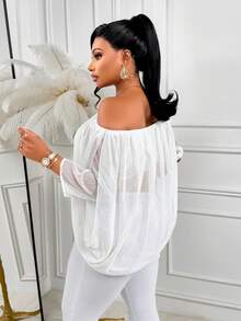 AIJ Amarilo Plus Size Women White Off-Shoulder Short Sleeve Semi-Sheer Asymmetric Chiffon Top Summer - White - View 2