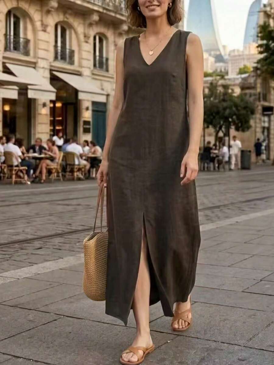 女款極簡純色V領背心洋裝,高開衩,休閒日常,寬鬆版型,夏季優雅棕色洋裝 - 棕色 - 查看 1