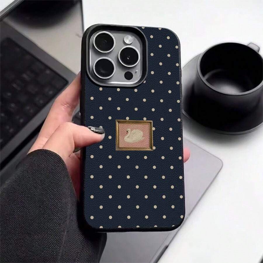 1pc TPU Material Retro Photo Frame Swan Polka Dot Pattern Phone Case Compatible With IPhone 17 Pro Max/17/16 Pro Max/15/13/12/11/ S20 FE/A15/S24/A55/ Note 11/Note 12/Note 13 Pro Full Coverage Shockproof Soft Protective Cover - Black - View 1