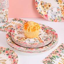 97PCS Wild One Safari Animal Tableware Set, Floral Jungle Theme Party Supplies, Disposable Plates Cups Napkins Kit For Kids Celebration, Family Event, Outdoor Gathering - A - Übersicht 5
