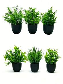 6pcs Artificial Greenery Potted Plants Set, Includes Eucalyptus Leaves, Rosemary, Magnolia, Black Plastic Mini Pots, Suitable For Home Indoor Office Desk, Country Style, Bathroom Decor, Patio Decor, Gifts, Garden Decor, Bedroom, Outdoor Plants, Gardening, Artificial Greenery Set - Green - View 9