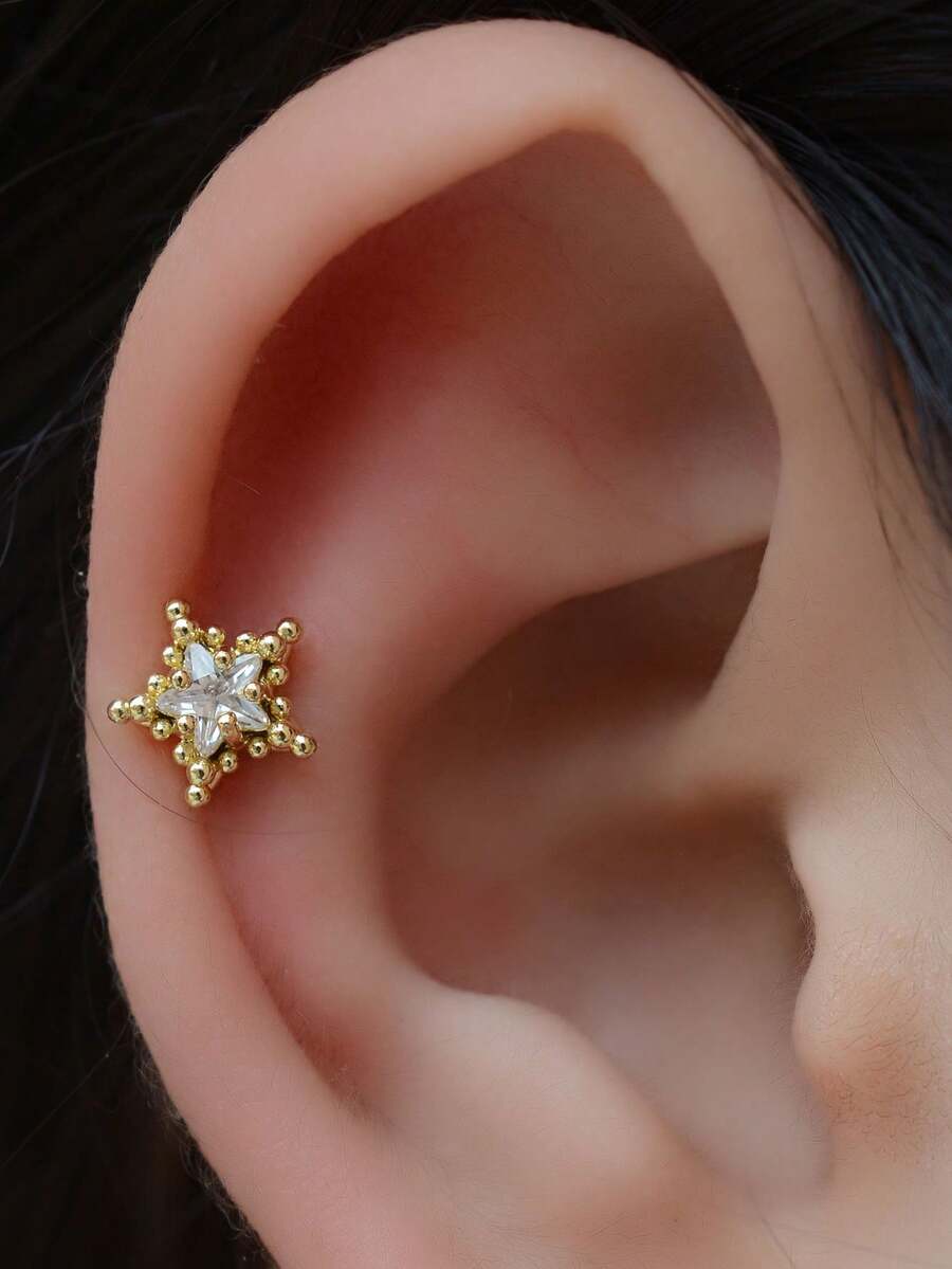 1pc Hypoallergenic Non-Fading Star Stud Earrings 14K Gold Plated Stackable Style Suitable For Upper Ear, Mid-Ear, Outer Ear Helix, Small Ear Cartilage, Anti-Tragus, Cochlear Piercing - A Pair Of Round Beaded  Star Earrings - View 1