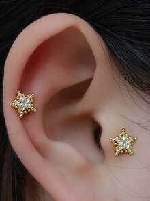 1pc Hypoallergenic Non-Fading Star Stud Earrings 14K Gold Plated Stackable Style Suitable For Upper Ear, Mid-Ear, Outer Ear Helix, Small Ear Cartilage, Anti-Tragus, Cochlear Piercing - A Pair Of Round Beaded  Star Earrings - View 4