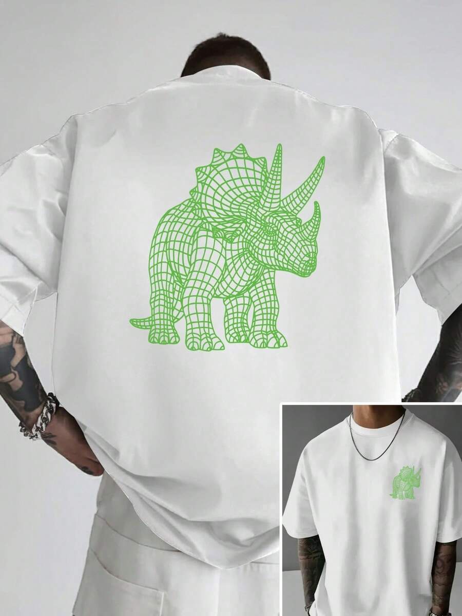 Camiseta de hombre con hombros caídos, diseño de dinosaurios y criaturas prehistóricas en ambos lados, camiseta holgada para hombre, ropa de hombre de estilo moderno y novedoso, una prenda e - Negro - Ver 1